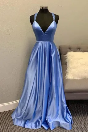 A-Line V Neck Satin Unique Long Prom Dresses Formal Gowns