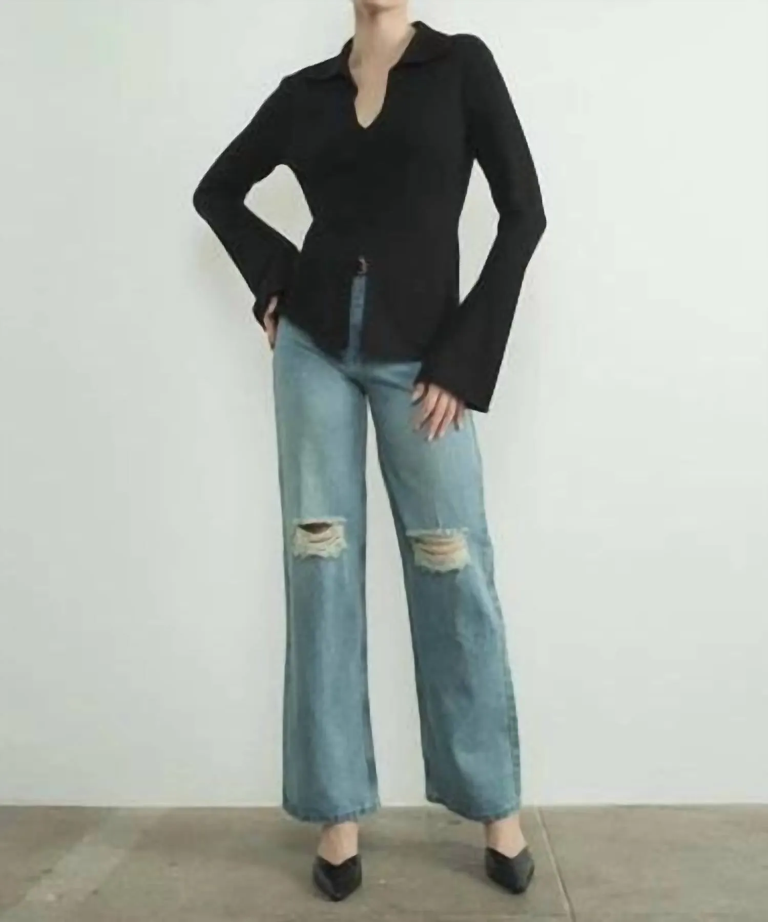 Aaron & Amber - Front Center Slit Collar Sweater