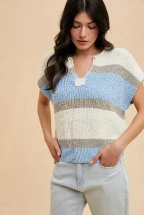 Blue & Taupe Color Block Textured Sweater Top