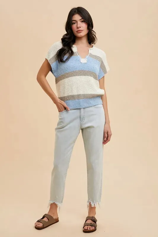 Blue & Taupe Color Block Textured Sweater Top