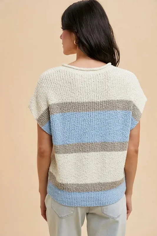 Blue & Taupe Color Block Textured Sweater Top