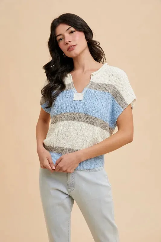 Blue & Taupe Color Block Textured Sweater Top