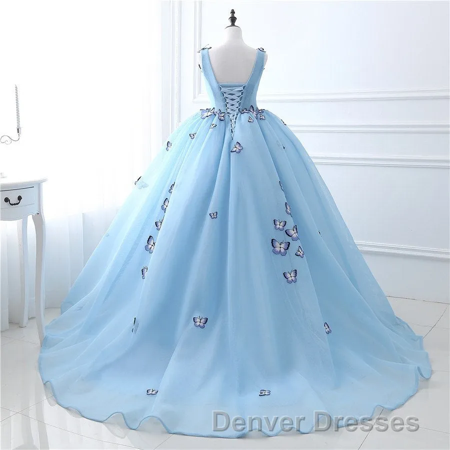 Blue Butterfly Flowers Lace Up Ball Gowns Long Prom Dresses