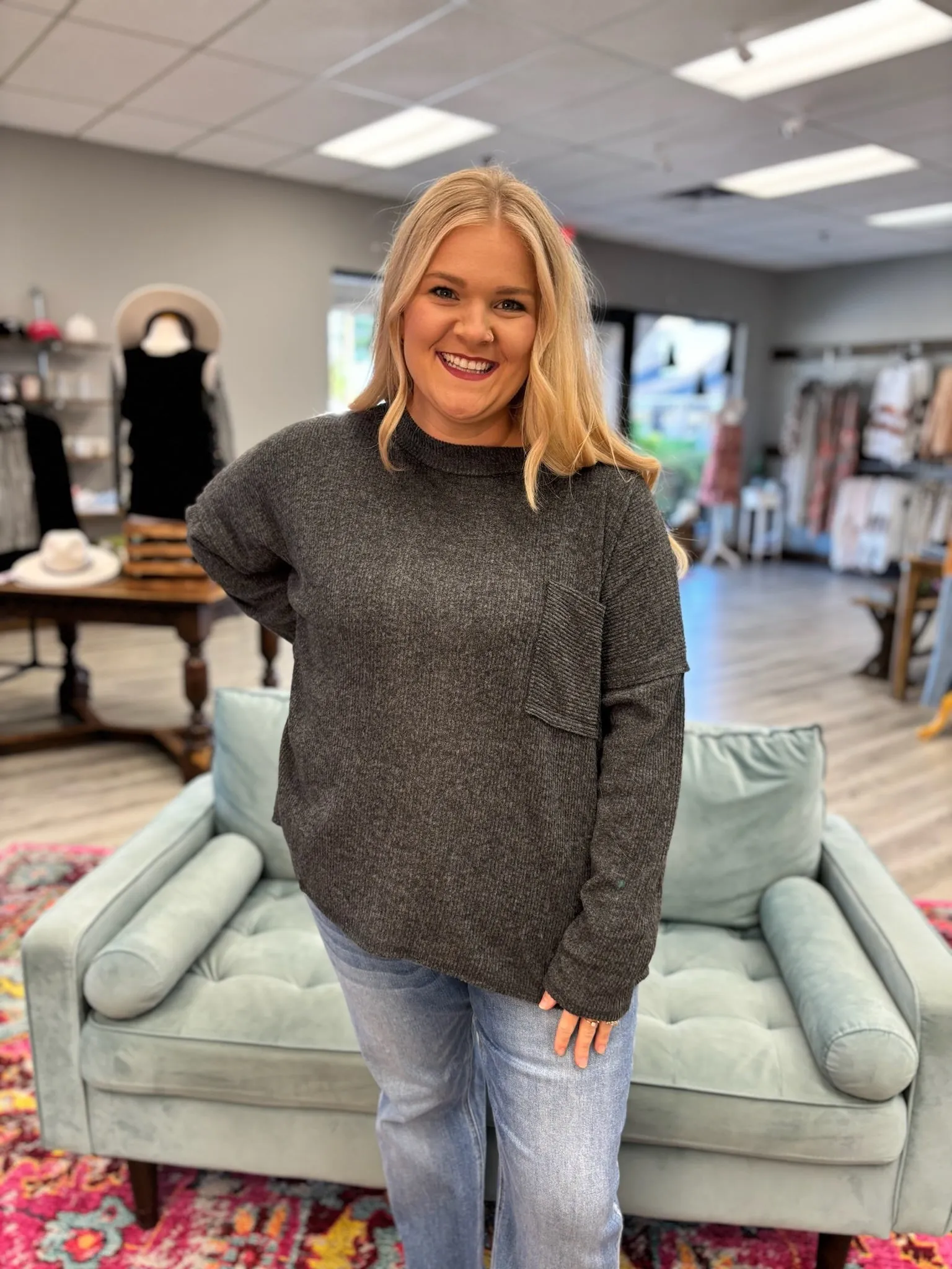 BROOKE Melange Pocket Sweater - Charcoal
