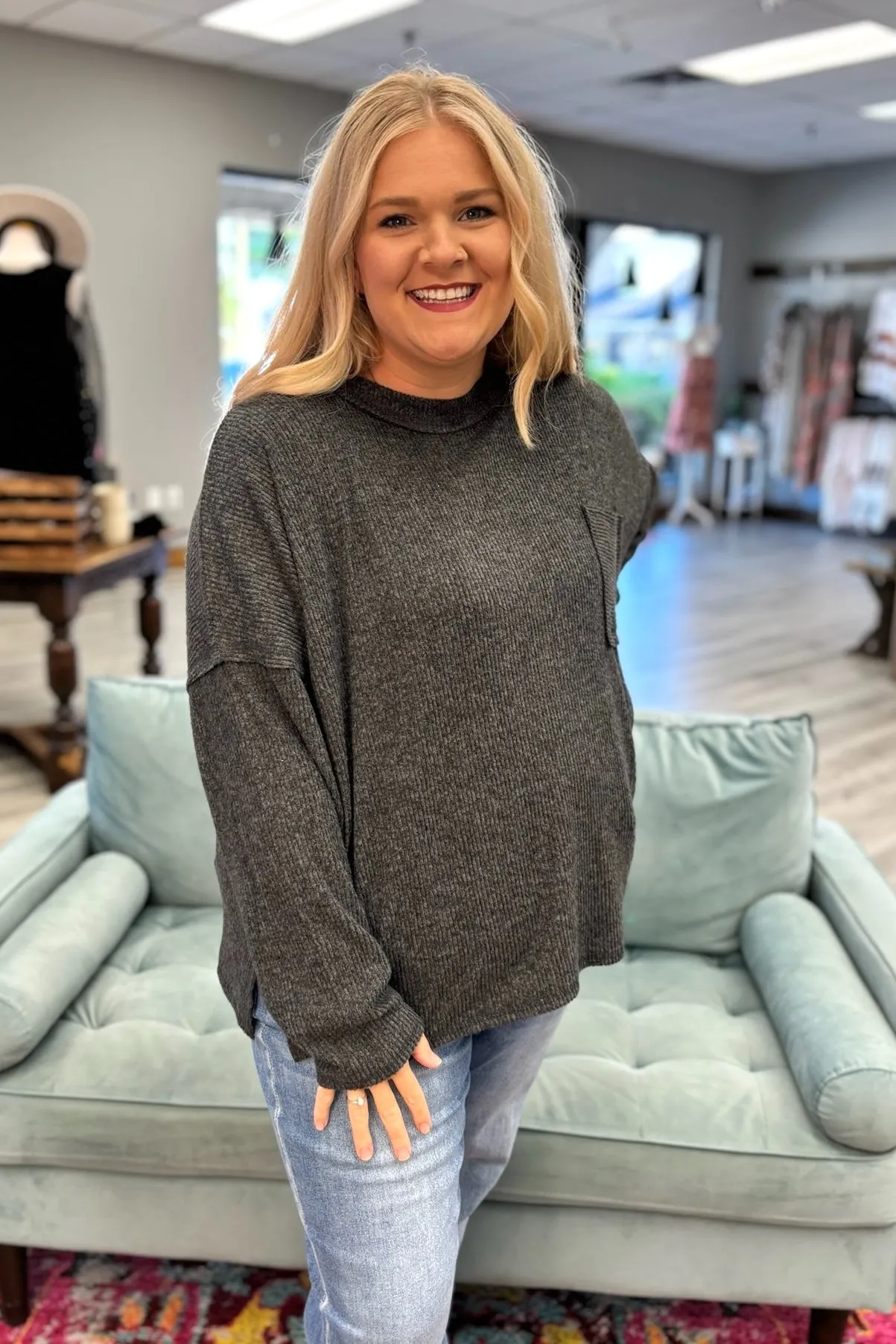 BROOKE Melange Pocket Sweater - Charcoal