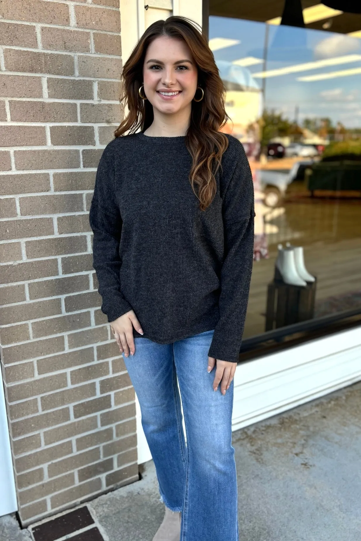BROOKE Melange Pocket Sweater - Charcoal