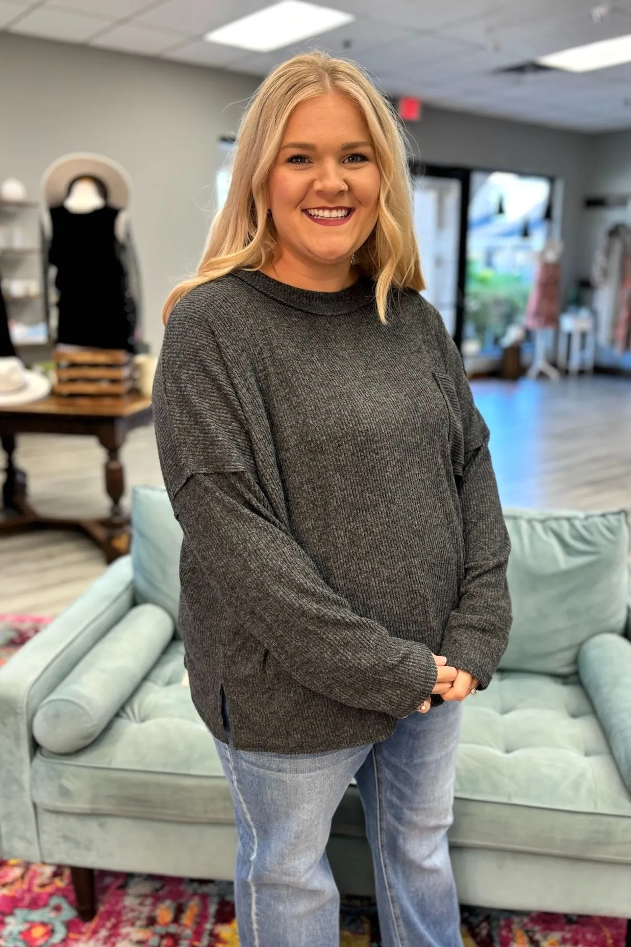 BROOKE Melange Pocket Sweater - Charcoal
