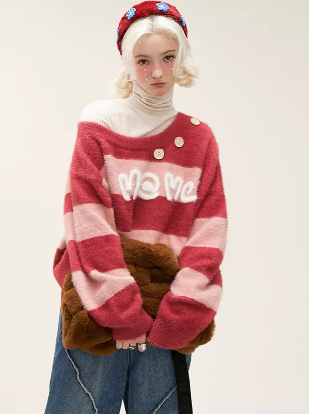 Casual One-Shoulder Sweet Knit Border