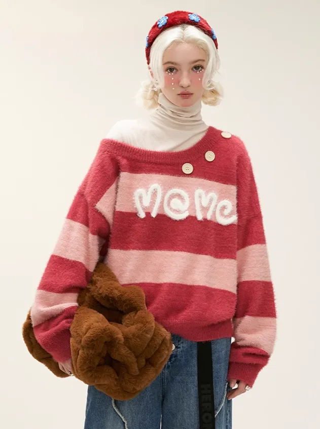 Casual One-Shoulder Sweet Knit Border