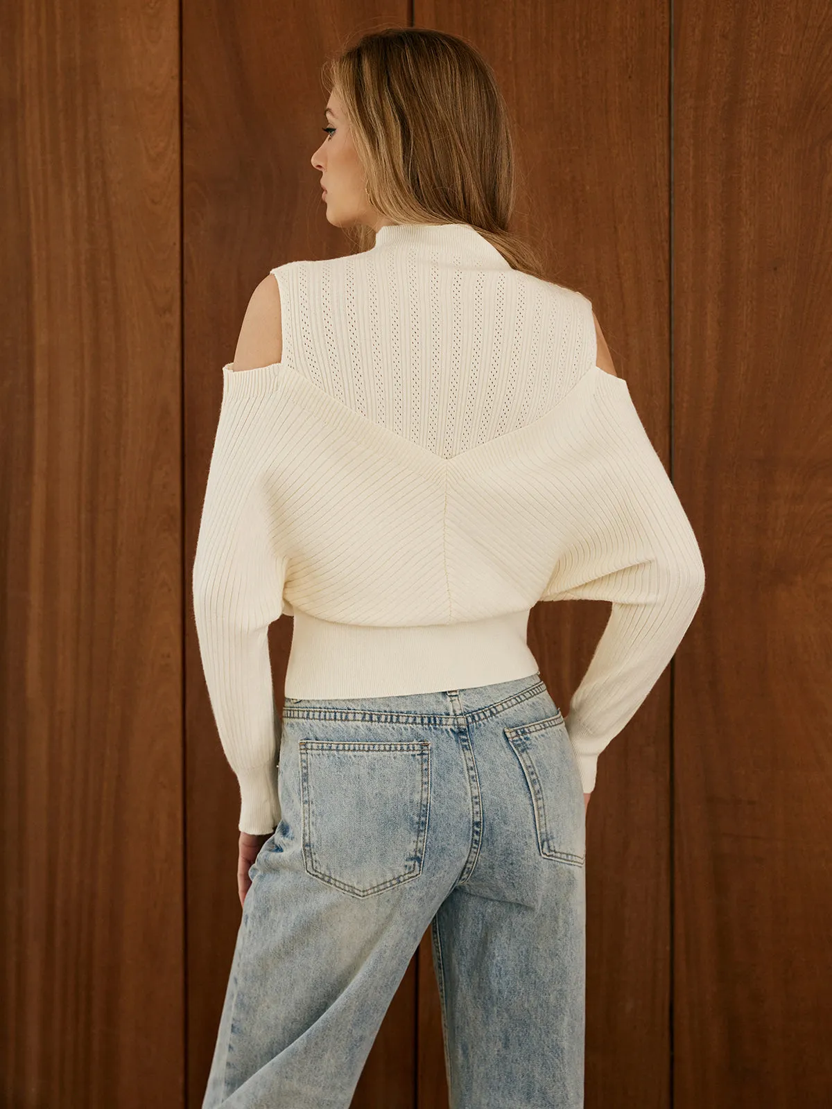 Cold-Shoulder Criss Cross Panel Sweater