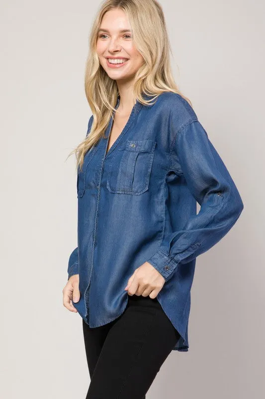 Dark Denim Chambray Button Down Split Neck Denim Shirt