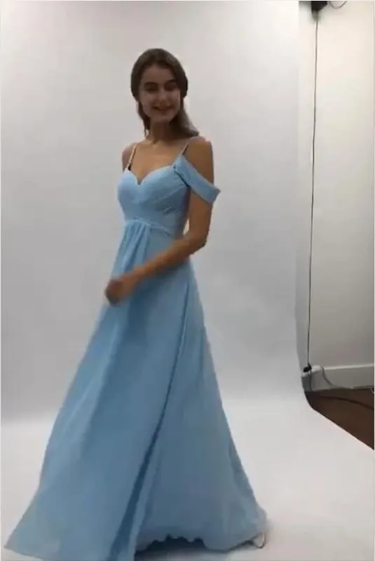 Flowy A-line Light Blue Chiffon Long Prom Simple Party Dresses with Pleats