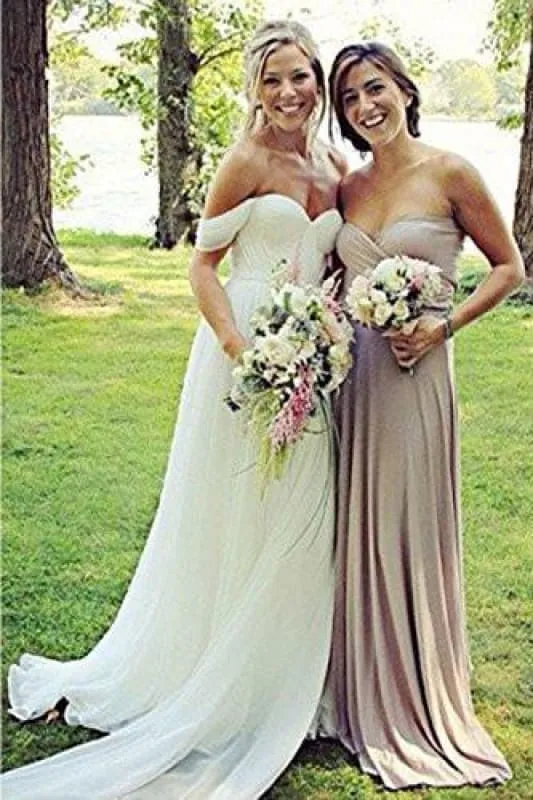 Flowy Off the Shoulder Chiffon Beach Simple Long Pleated Wedding Dress