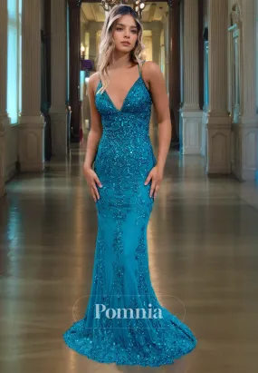 P1273 - Spaghetti Straps V-Neck Appliques Sleeveless Mermaid Prom Party Formal Dress