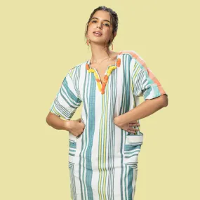 Teal & White Short Dress with Side Pockets | Lightweight Cotton | Embroidered